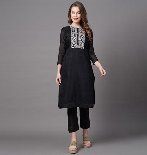 Black & Silver-Toned Embroidered Unstitched Dress Material
